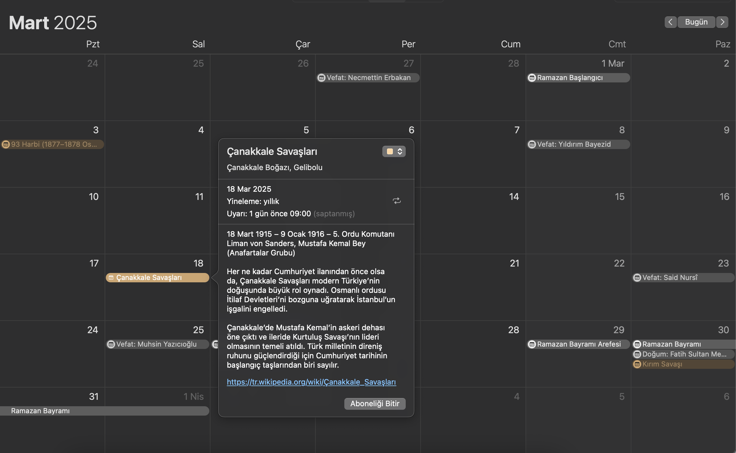 Örnek takvim elemanı