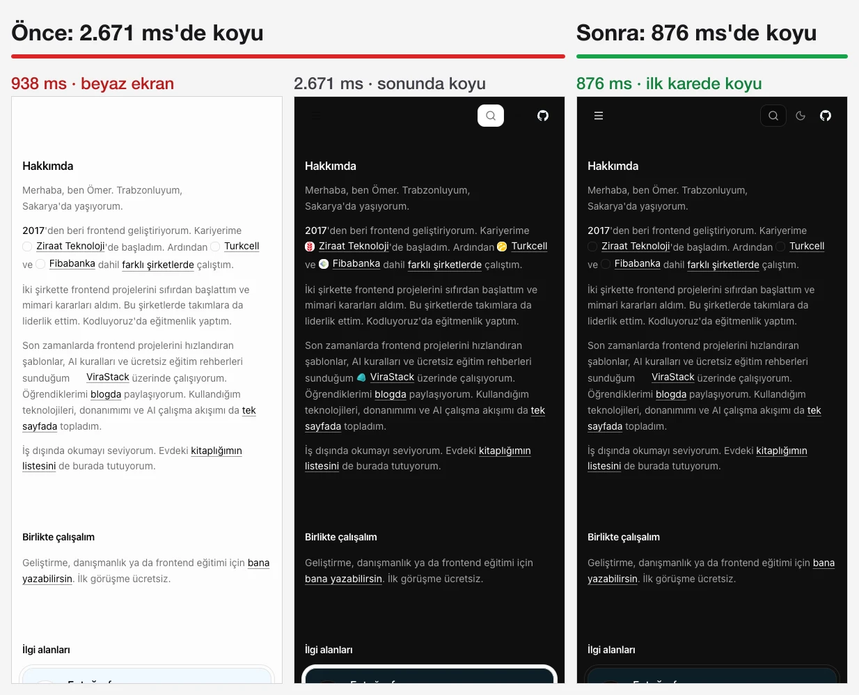 Koyu tema: eski sürümde 938 ms'de beyaz, 2.671 ms'de koyu; yeni sürümde 876 ms'de koyu